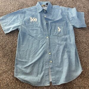 Vintage Denim Short-Sleeve Shirt  Embroidery - Light Blue American rave